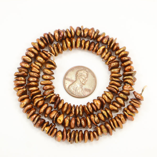 Pearls, Bronze, Keshi Baroque Discts 4x6mm on 16-inch Strand