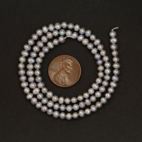 Pearls, Silver, Round 4mm Diameter on 16-inch Strand