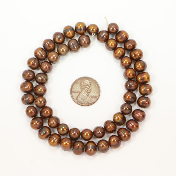 Pearls, Bronze, Dark Chocolate Color Pearls with Copper Highlights 8x9mm on 16-inch Strand