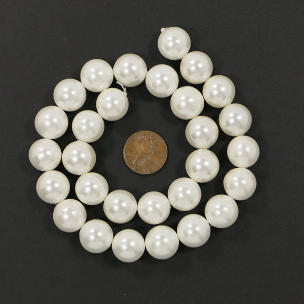 Shell Pearls, White, Round, 14mm Diameter on 16-inch Strands