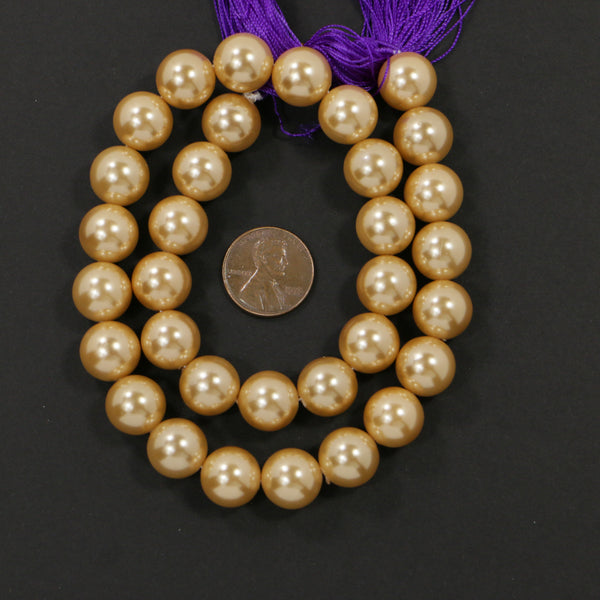 Shell Pearls, Champaign, 14mm Diameter on 16-inch Strands