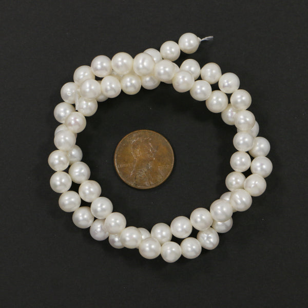 Pearls, White, Round Shape 6x6mm on 16-inch Strand