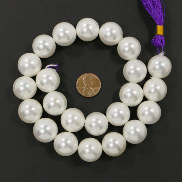 Shell Pearls, White, Round, 18mm Diameter on 16-inch Strands