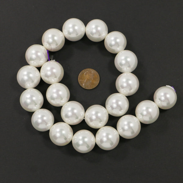 Shell Pearls, White, Round, 20mm Diameter on 16-inch Strands