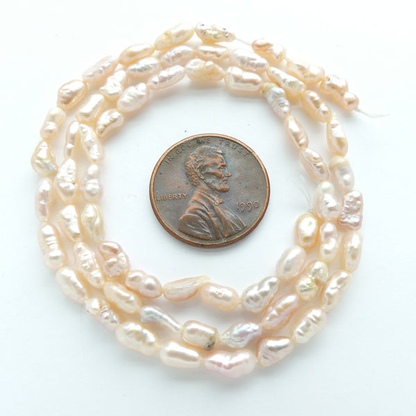 Pearls, Pink, Rice Shape, 6x4mm on 16-inch Strand