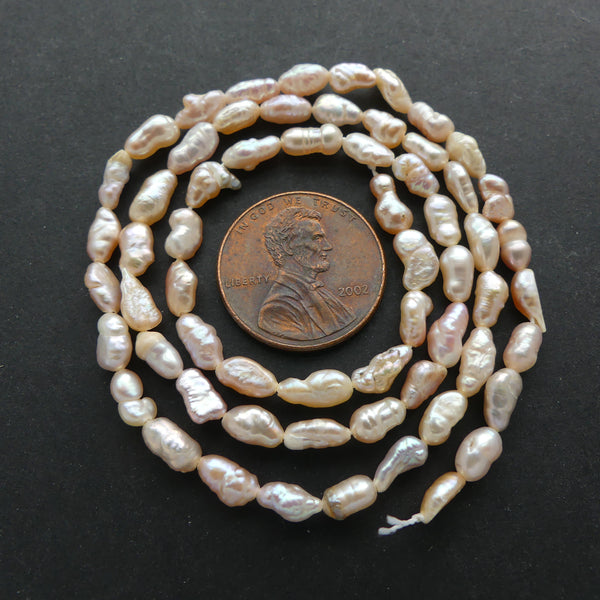 Pearls, Pink, Rice Shape, 6x4mm on 16-inch Strand