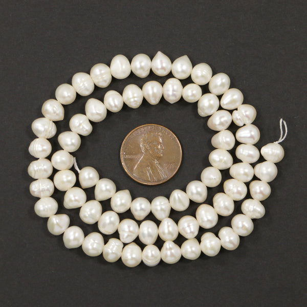 Pearls, White, Potato Shape, 6x7mm on 16-inch Strands