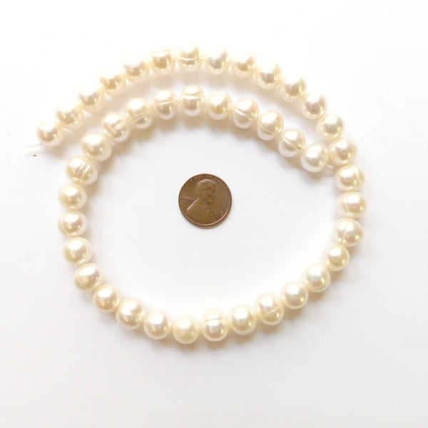 Pearls, White, Oblate Round, with Ridges 9x10mm on 16-inch Strand