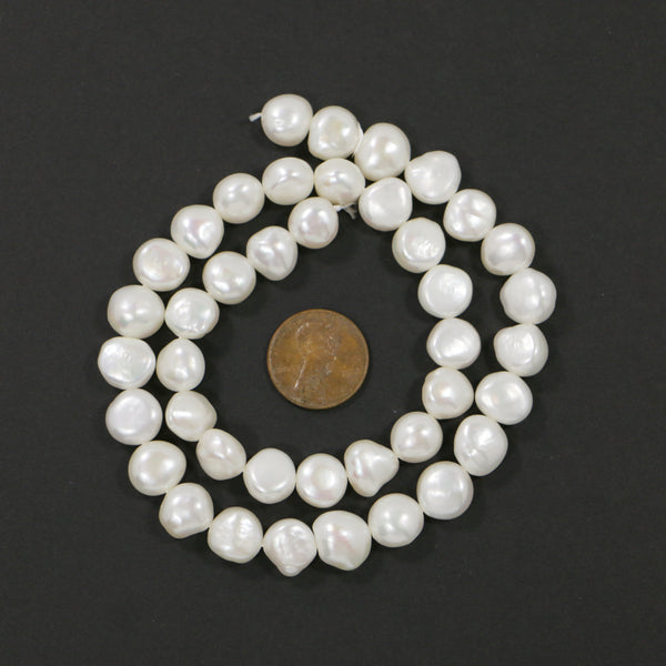 Pearls, White, Button Shape 10mmx10mm on 16-inch Strands