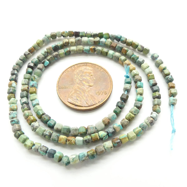 Turquoise, Faceted, Tiny 2mm Multi-faceted Cubes on 16-inch Strands