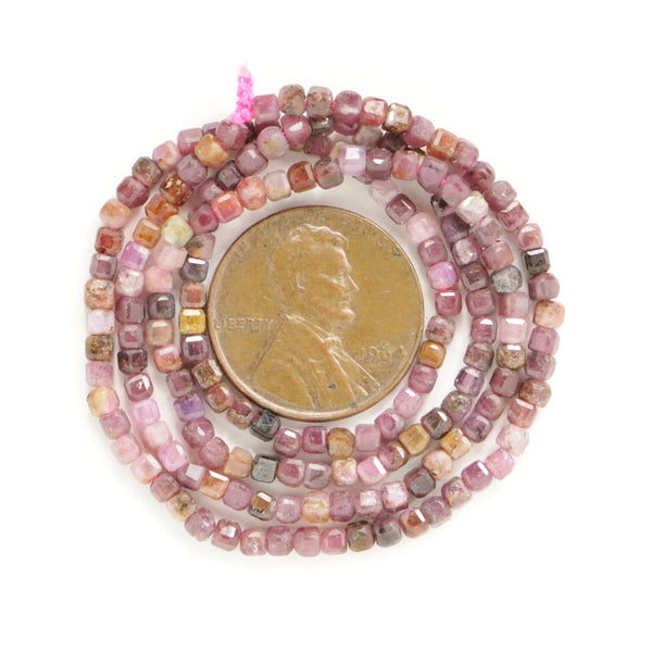 Rubies, Natural, Mini Faceted 2mm Cubes on 15.5-inch Strands