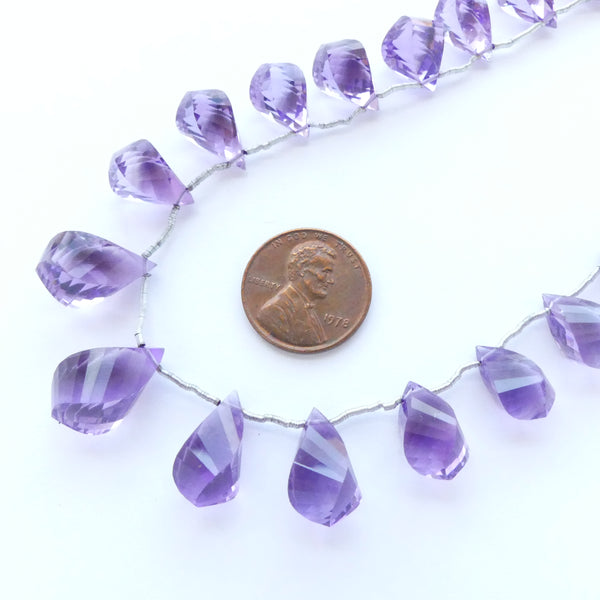 Amethyst Briolettes, Light Lazer Faceted, Graduated Strand of 29 Beads, 12 Inches