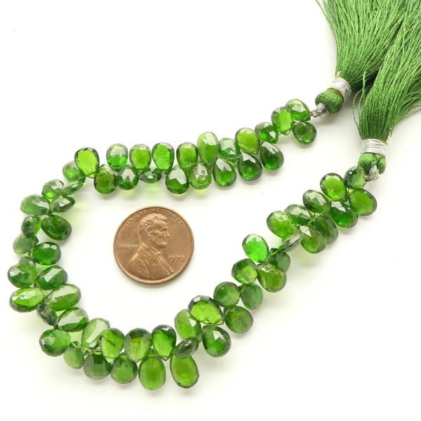 Chrome Diopside, Faceted Briolettes 6x10mm, on Tightly Packed 8-inch Strand