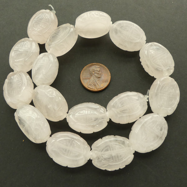 Rose Quartz, Lozenges Carved with Auspicious Symbols, 22x18mm