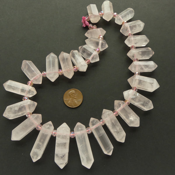 Rose Quartz, Double Crystal Points in Graduated Lengths, 19-40mm Long, 16-inch Strand