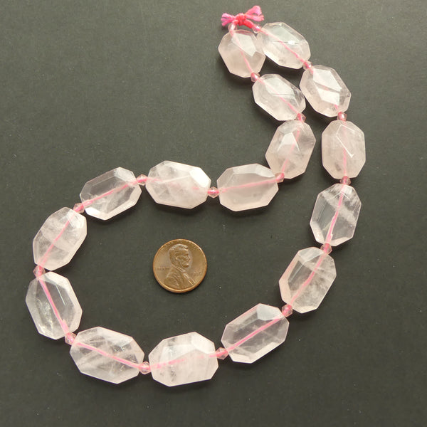 Rose Quartz, Faceted Long Flat Octagons, 22x16mm on 16-inch Strand