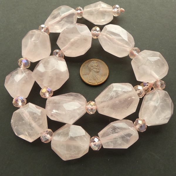 Rose Quartz, Faceted Freeform Nuggets about 22x14mm on 16-inch Strands