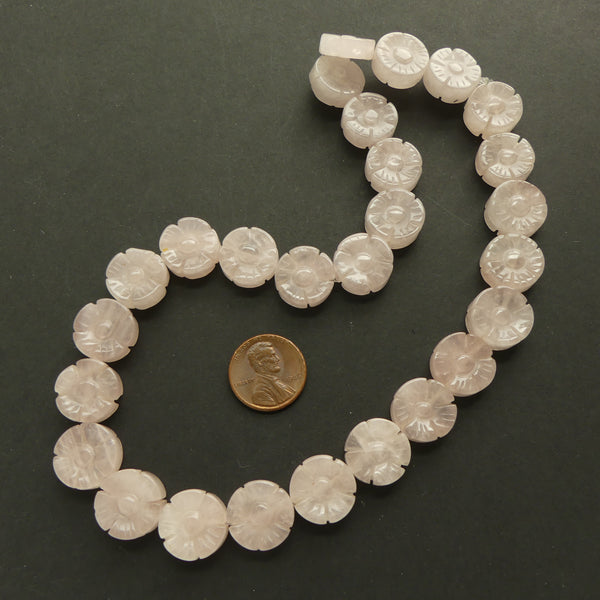 Rose Quartz, Coin Shape Beads Carved Like Flowers on Both Sides, 15mm Diameter, Sold in Sets of 3