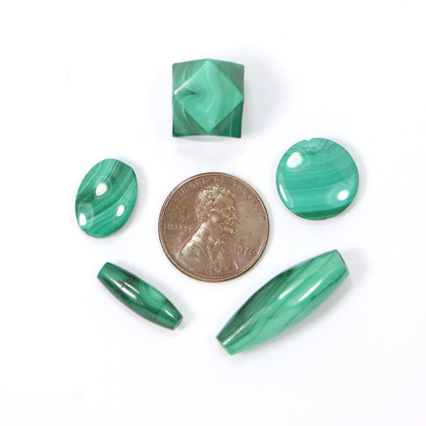 Malachite, Collector/Designer Set of 5 Malachite Bead Shapes, Sold as a Set of 5