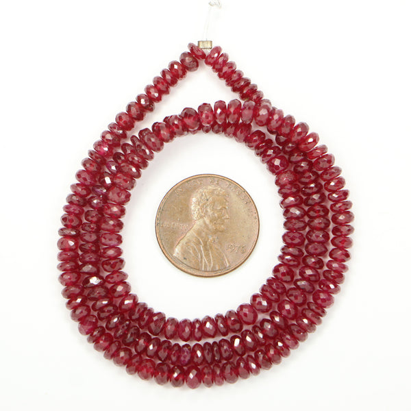 Ruby, Natural Faceted Rondelles, Very Slightly Graduated 4-5mm on 16-inch Strand