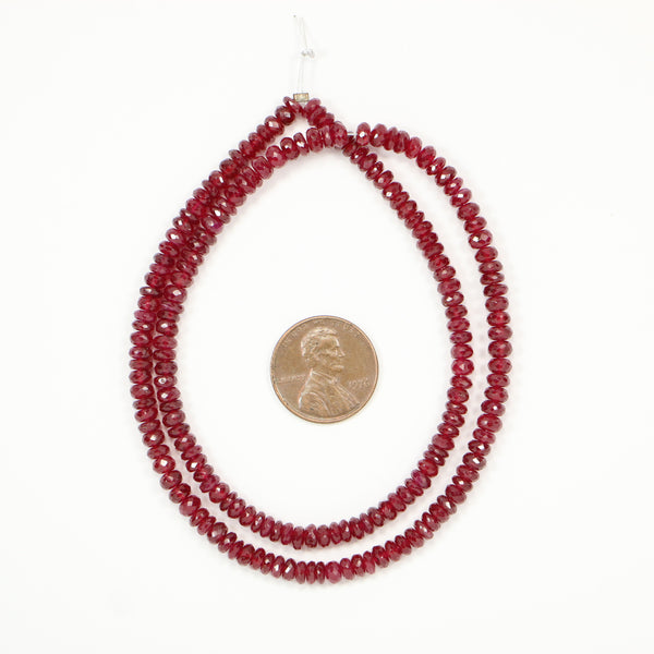 Ruby, Natural Faceted Rondelles, Very Slightly Graduated 4-5mm on 16-inch Strand