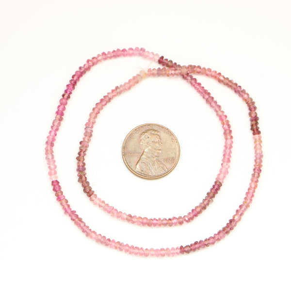 Tourmaline, Pink and Violet, Faceted Rondelles 1x2mm, 14-inch Strand of Graduated Colors