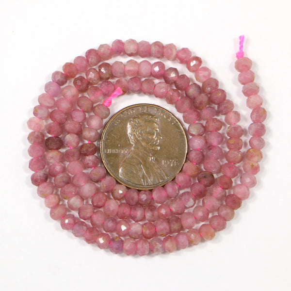 Tourmaline, Pink, Faceted Round 3mm on 16-inch Strand
