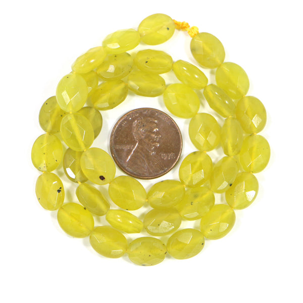 Olive Jade, Faceted Flat Ovals 10x8mm on 16-inch Strand