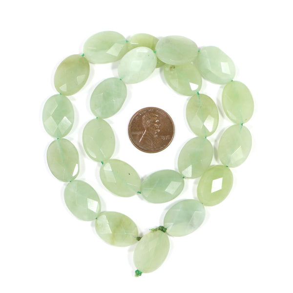 New Jade, Faceted Flat Ovals, 20x12mm, Medium Green on 16-inch Strands