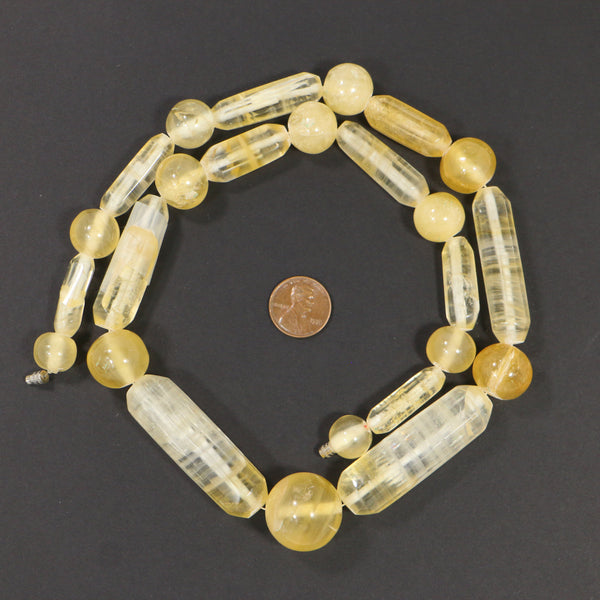 Yellow Quartz aka Citrine, Mixed Shapes: 14-22mm Round with  Faceted Cylinders, 24-inch Strand