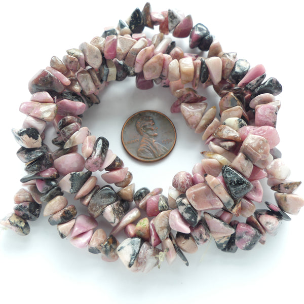 Rhodonite, Chips, Pink, 10mm on 30-inch Strand