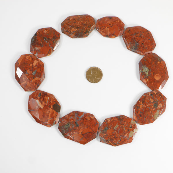 Poppy Jasper, Faceted Flat Octagon, Largest 42x35mm on 16-inch Strand