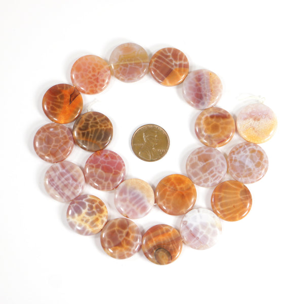 Fire Agate (Crackle), Coin, 20mm Diameter on 16-inch Strand