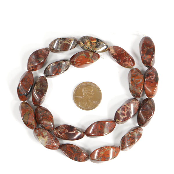 Poppy Jasper, Ovals, Twisted, 20x10mm on 16-inch Strand
