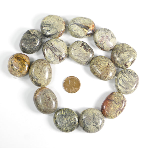 Jasper, Gray, Thick Flat Oval, Typical 28x22mm on 16-inch Strand