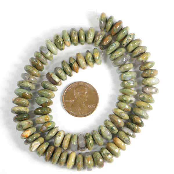 Rhyolite, Green, Rondelles, 4x10mm on 14-inch Strand