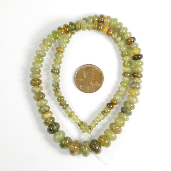 Green Garnet, Mostly Green with Brown, Graduated Rondelles, Largest 7x10mm on 16-inch Strand