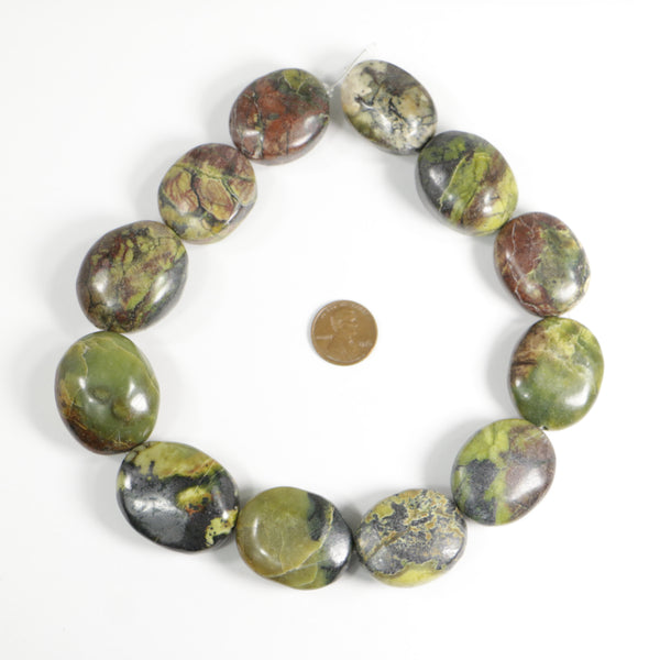 Yellow Turquoise, Green-Brown, Thick Flat Oval, Largest 36x28mm on a 15-inch Strand