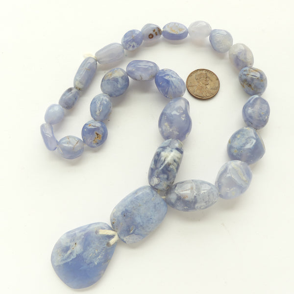 Ancient Blue Chalcedony, 18-inch Strand of 25 beads and Flat Pendant 27x32mm