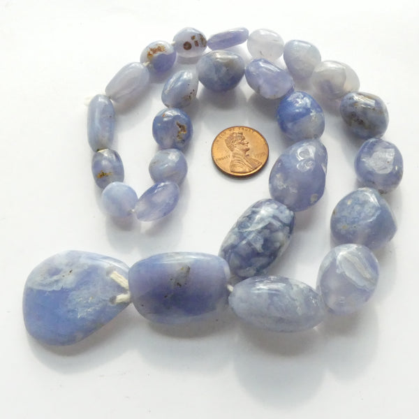 Ancient Blue Chalcedony, 18-inch Strand of 25 beads and Flat Pendant 27x32mm