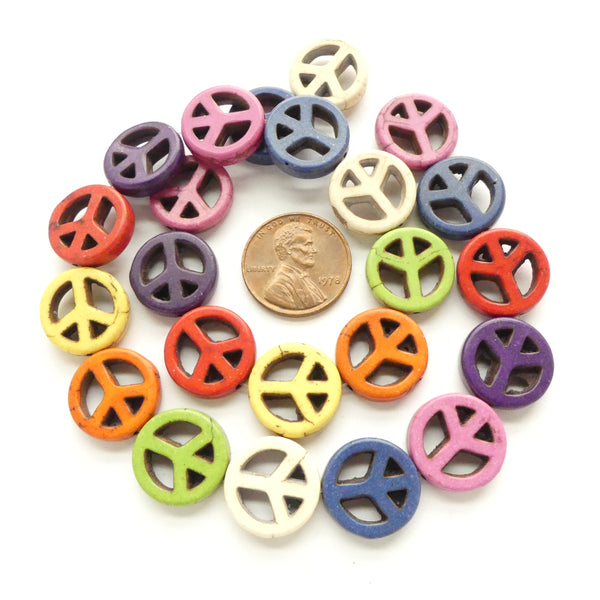 Magnesite Dyed Multi Colors, Peace Signs 15mm Diameter on 16-inch Strands
