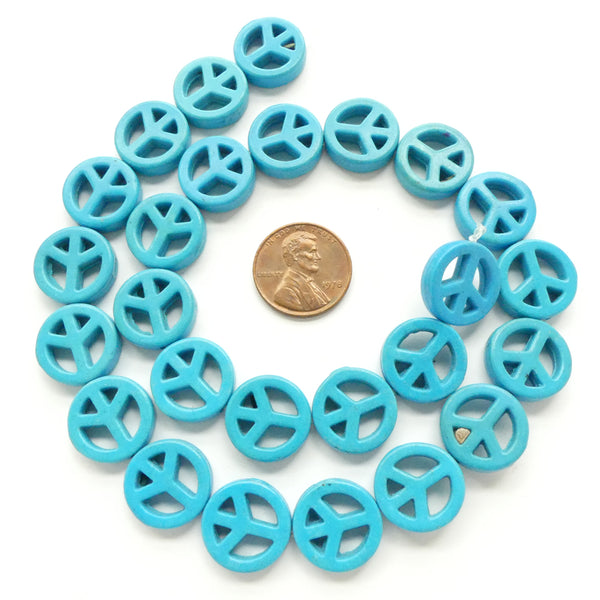 Magnesite Dyed Turquoise, Peace Signs 15mm on 16-inch Strands