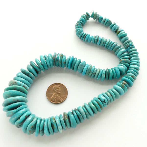 Turquoise, Freeform Flat Nuggets, Center Drilled, Graduated 7 to 20mm Diameter on 16.5-inch Strand
