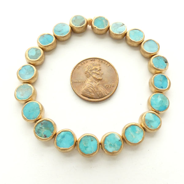 Turquoise, Small Coin Shape, "Gold Framed" 8mm, Set of 20