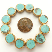 Turquoise, Coin Shape, "Gold Framed", 12mm Diameter, Set of 12