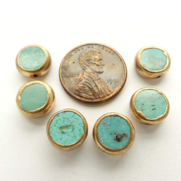 Turquoise, Coin Shape, "Gold Framed", 10mm Diameter, Set of 6