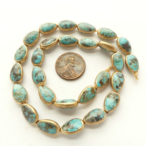 Turquoise, Teardrops Tiny Puffy, "Gold Framed", 13mm Long, Set of 4