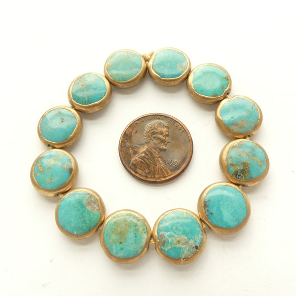 Turquoise, Coin Slightly Puffy, "Gold Framed" 12mm Diameter, Set of 12