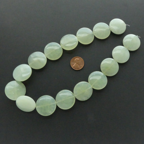 New Jade, Coin, Slightly Puffy 25mm Diameter on 16-inch Strands