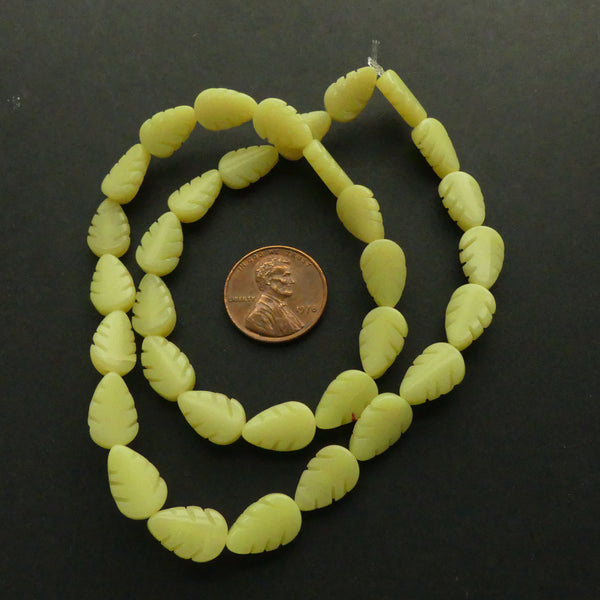 Olive Jade, Leaf Shapes each 12mm long on 16-inch Strands